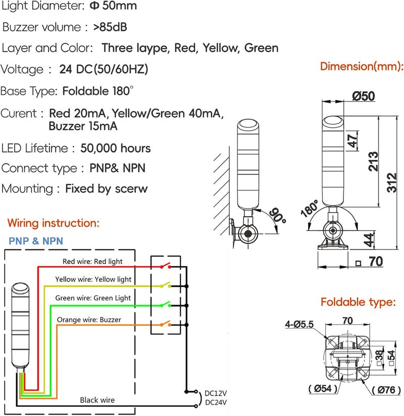 ZGSZJHF 3-Layer Led Signal Tower Stack Lights, Industrial Signal Warning Lights, Column Tower Lamp with Rotatable Base Steady 24V DC/AC with Buzzer - Image 2